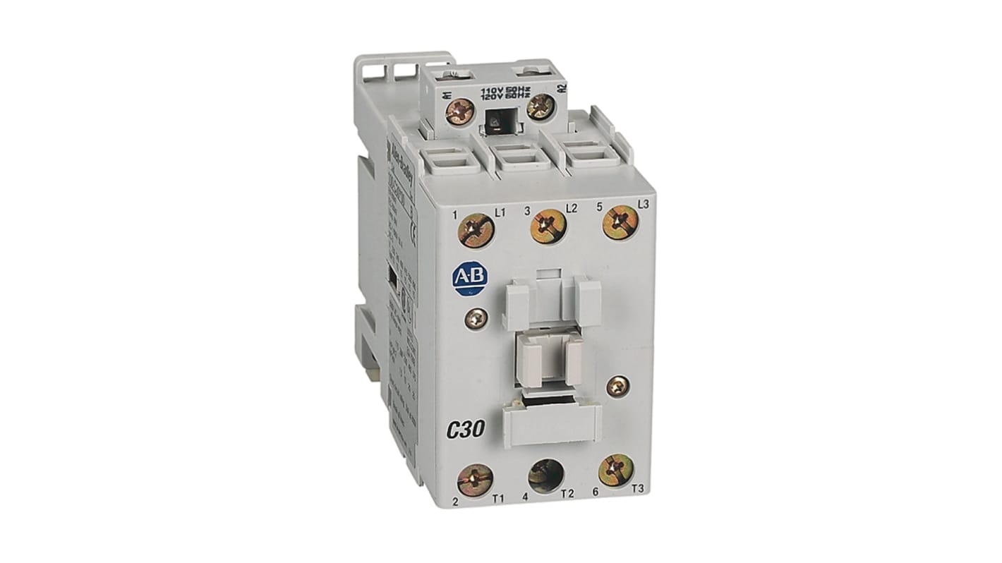 Contattore Rockwell Automation 100-C30D10, 3 poli, 30 A, montaggio su guida DIN, tensione bobina 110/120 V CA, grado di protezione IP2X.