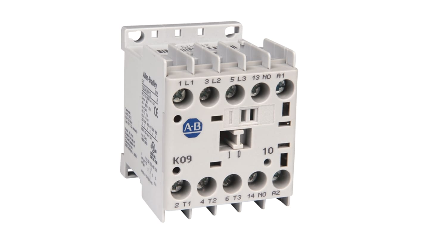 Contattore Rockwell Automation 100-K09KA10, 3 poli, 9 A, bobina 240 V c.a., dimensioni 45 mm, protezione IP2X.