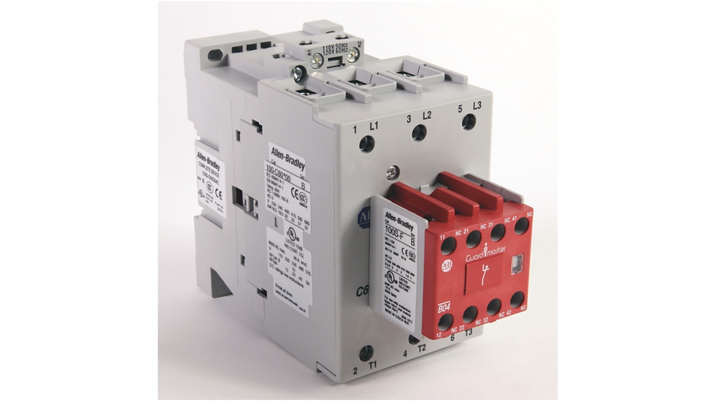 Contattore Rockwell Automation 100S-C60DJ14BC, 3 poli, 60 A, bobina 24 V c.c., contatti 690 V c.a., con coperchio protettivo.