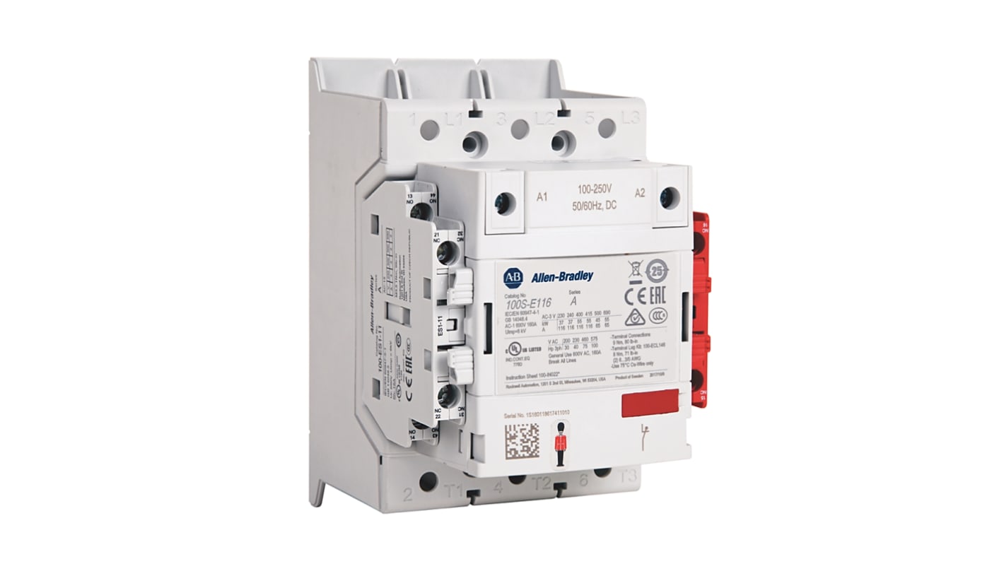 Contattore Rockwell Automation 100S-E370ED12C, 3 poli, 370 A, bobina 100-250 V, contatti a guida positiva.