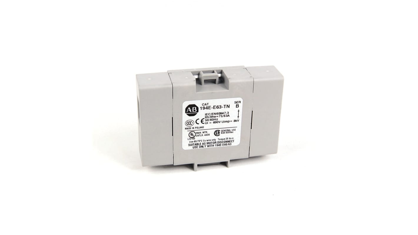 Rockwell Automation, terminale neutro bianco per montaggio su sportello, compatibile con interruttori 194E, dimensioni 17.5x68x45 mm.