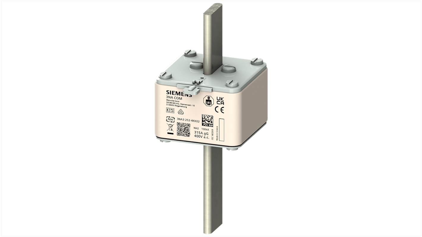 Fusibile Siemens 3NA3224-4KK04, 80A, 400V, con linguette, montaggio verticale, dimensioni 149 x 72 x 62mm.