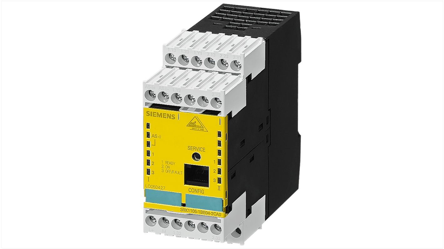 Modulo di monitoraggio Siemens 3RK1105-1AE04-0CA0 per AS-Interface, ingresso analogico, uscita relè sicura, dimensioni 120 x 108 x 45 mm.