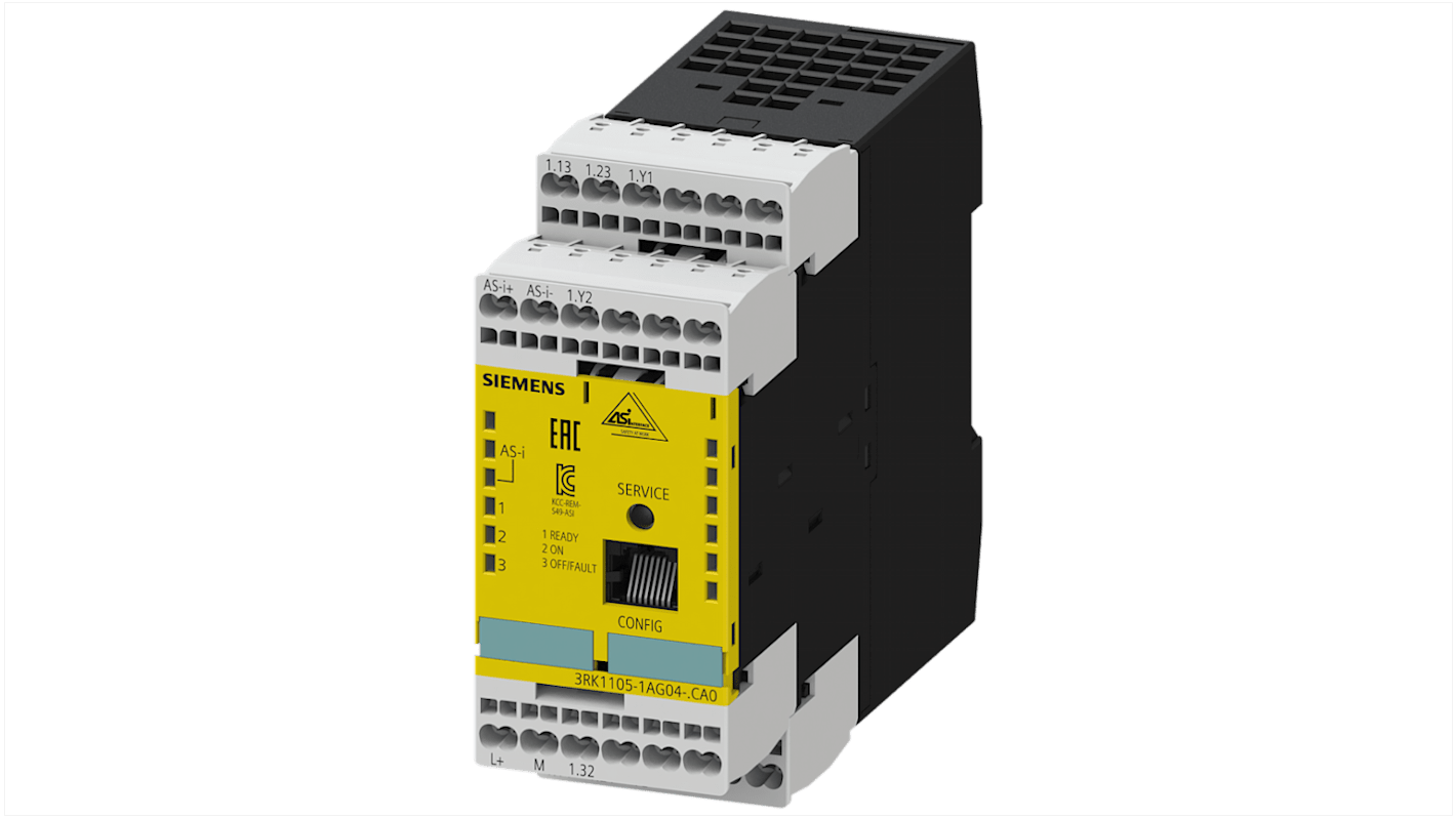 Modulo di monitoraggio Siemens 3RK1105-1AG04-0CA0 per AS-Interface, ingresso analogico, uscita relè sicura, dimensioni 120 x 108 x 45 mm.