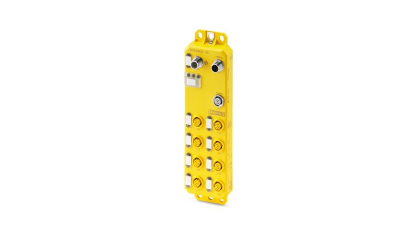 Modulo I/O Phoenix Contact 1185380, unità stand-alone con 4 ingressi e 4 uscite, alimentazione 24 V c.c., grado di protezione IP67. Montaggio su armadietto di controllo.