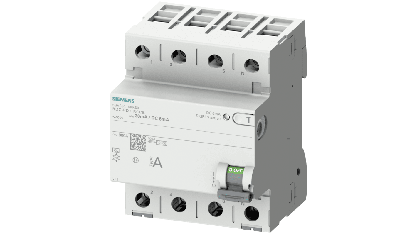 Interruttore differenziale Siemens 5SV3346-6KK60, 4 poli, 63A, 30mA, 400V, protezione contro guasti a terra, classe IP20.