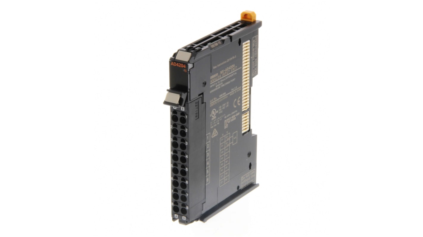 Modulo di ingresso analogico Omron NX-AD4204 per Controllore NX, serie NX-AD, single ended con morsettiera senza viti. Dimensioni: 80 x 12 x 104,5 mm.