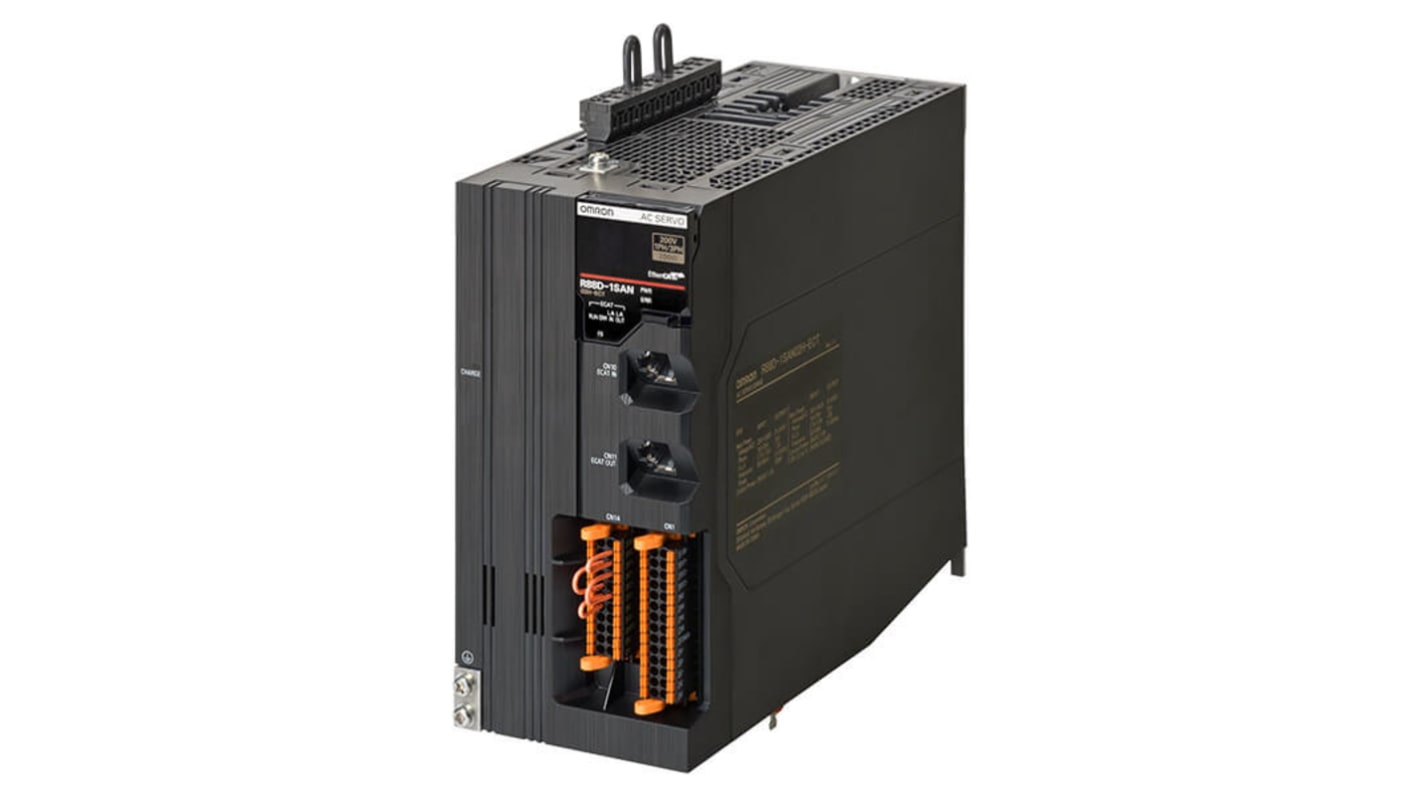 Servocomando Omron R88D-1SAN08H-ECT, 750 W, 252 V, encoder multigiro assoluto, progettato per sicurezza funzionale.