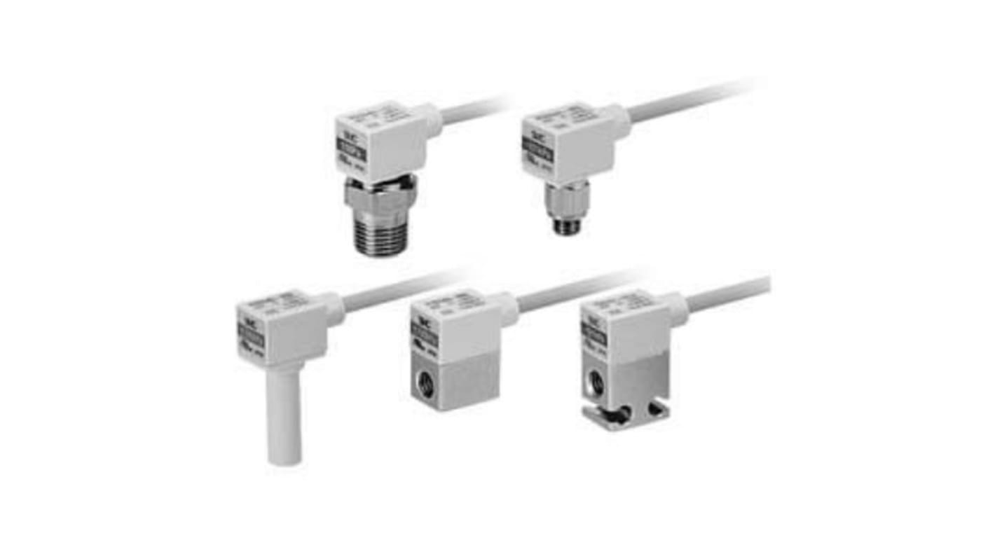 Sensore di pressione SMC PSE541A-R06, lettura da -101 a 0 kPa, uscita analogica 1-5 V, per aria, temperatura 0-50 °C.