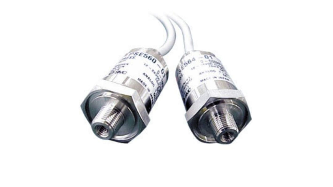 Sensore di pressione SMC PSE564-02, intervallo 0-500 kPa, uscita analogica 1-5 V, per aria, temperatura -10 a 60 °C.