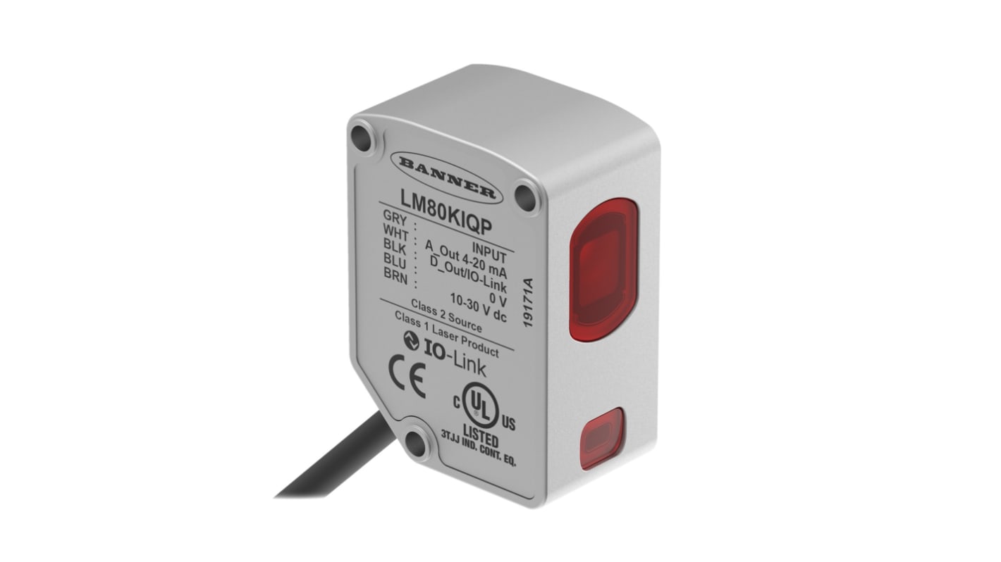 Sensore di distanza rettangolare Banner LM80KIQP, rilevamento 40-80 mm, uscita 4-20 mA, montaggio piatto, IP67.