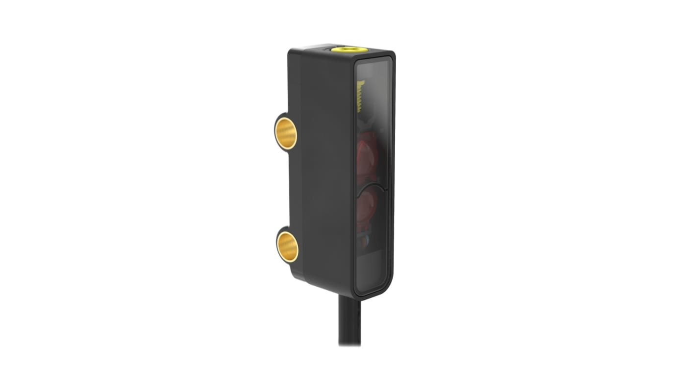 Sensore fotoelettrico miniaturizzato Banner Q2XRBAF150-Q5, rilevamento 18-150 mm, uscita NPN/PNP, montaggio piatto, IP67.