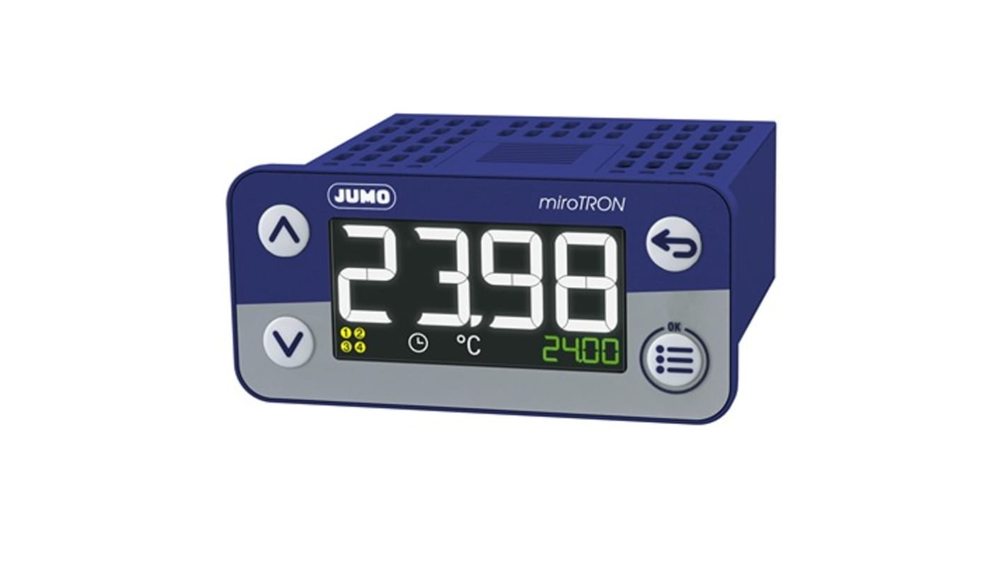 Controller Jumo miroTRON 701080/0-01-23-30/000, PID a due stati, montaggio a pannello, dimensioni 69 x 62 x 36 mm.