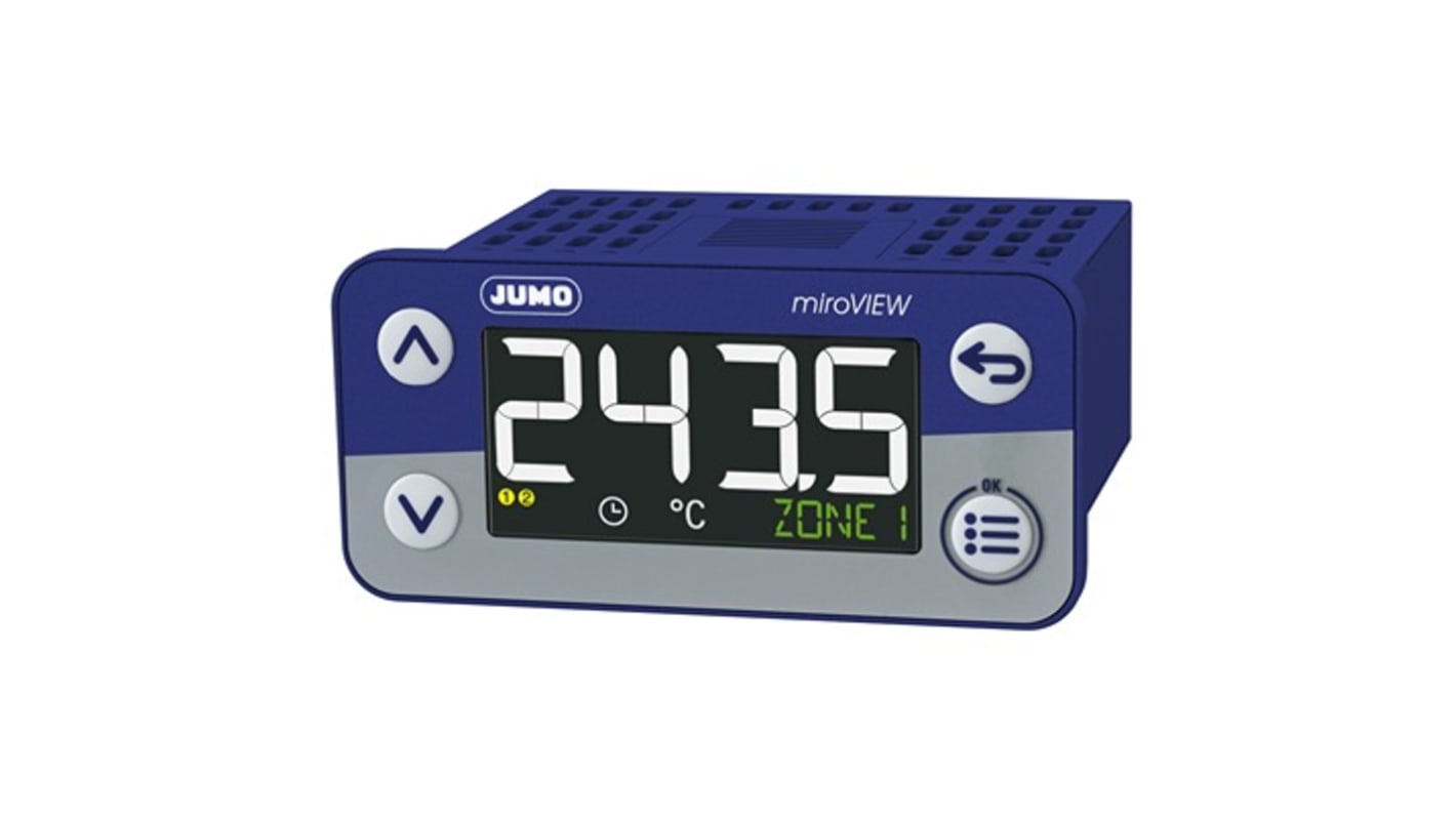 Misuratore digitale Jumo 701580/0-01-23-30/000, serie miroVIEW, con display LCD, interfaccia USB e installazione PUSH IN. Dimensioni foro: 28.5mm x 69mm.