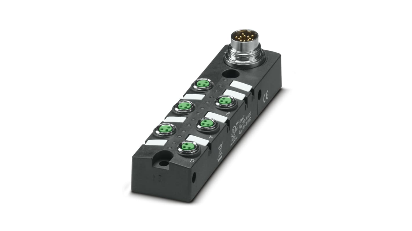 Scatola sensore Phoenix Contact 1197413, 6 porte M8, tensione 30V cc, orientamento ad angolo retto, serie SACB.