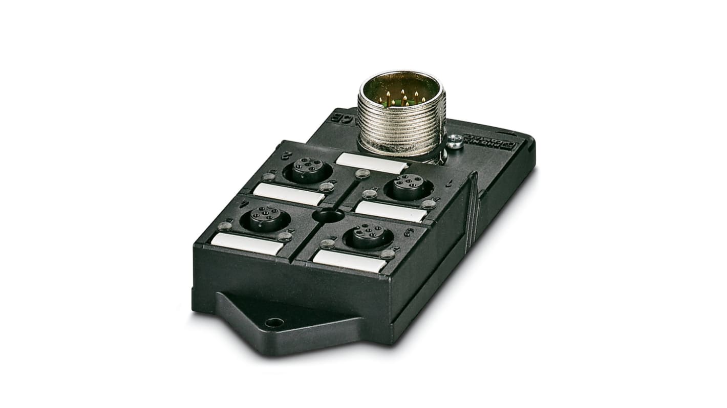 Scatola sensore Phoenix Contact 1692802, 4 porte M12, tensione 135V, orientamento angolare, contatti in lega di rame-zinco.
