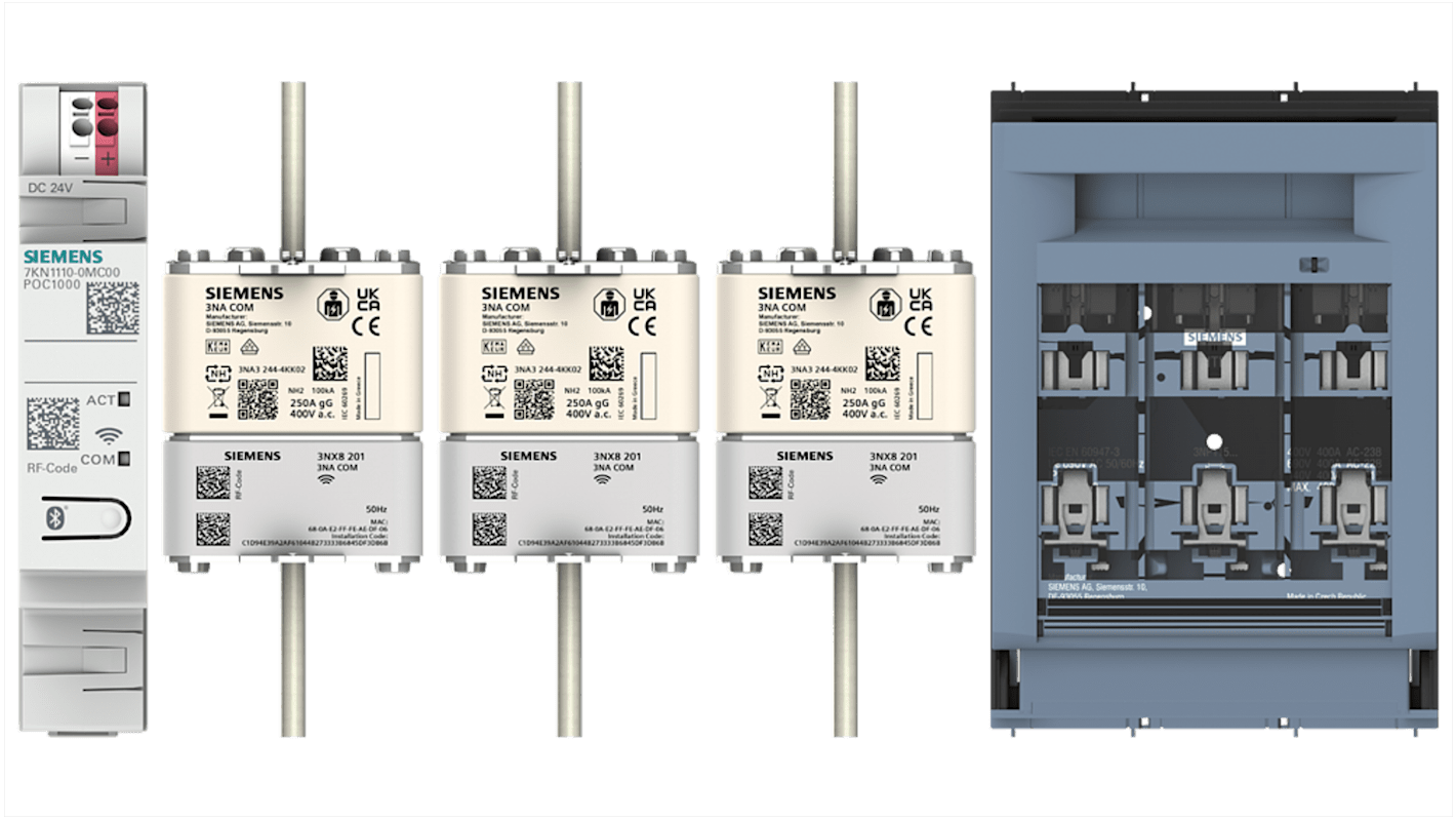 Sezionatore portafusibili Siemens SENTRON 7KN11100XC03, 3 poli, 400A, interfaccia Bluetooth, montaggio su guida DIN.