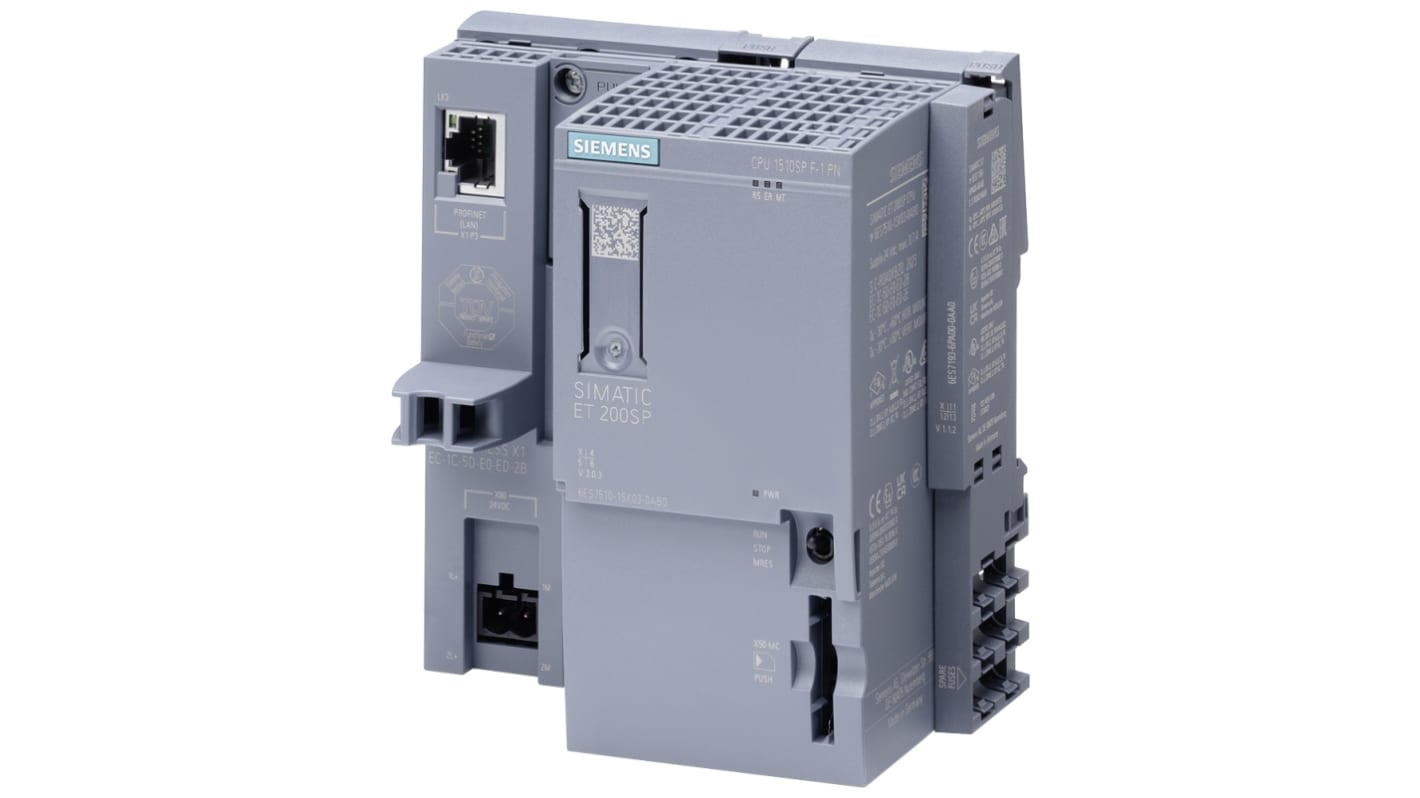 CPU PLC Siemens 6ES7510-1SK03-0AB0, unità per serie ET 200SP, 24 V, dimensioni 100 x 117 x 75 mm, operativa da -30 a +60 °C.