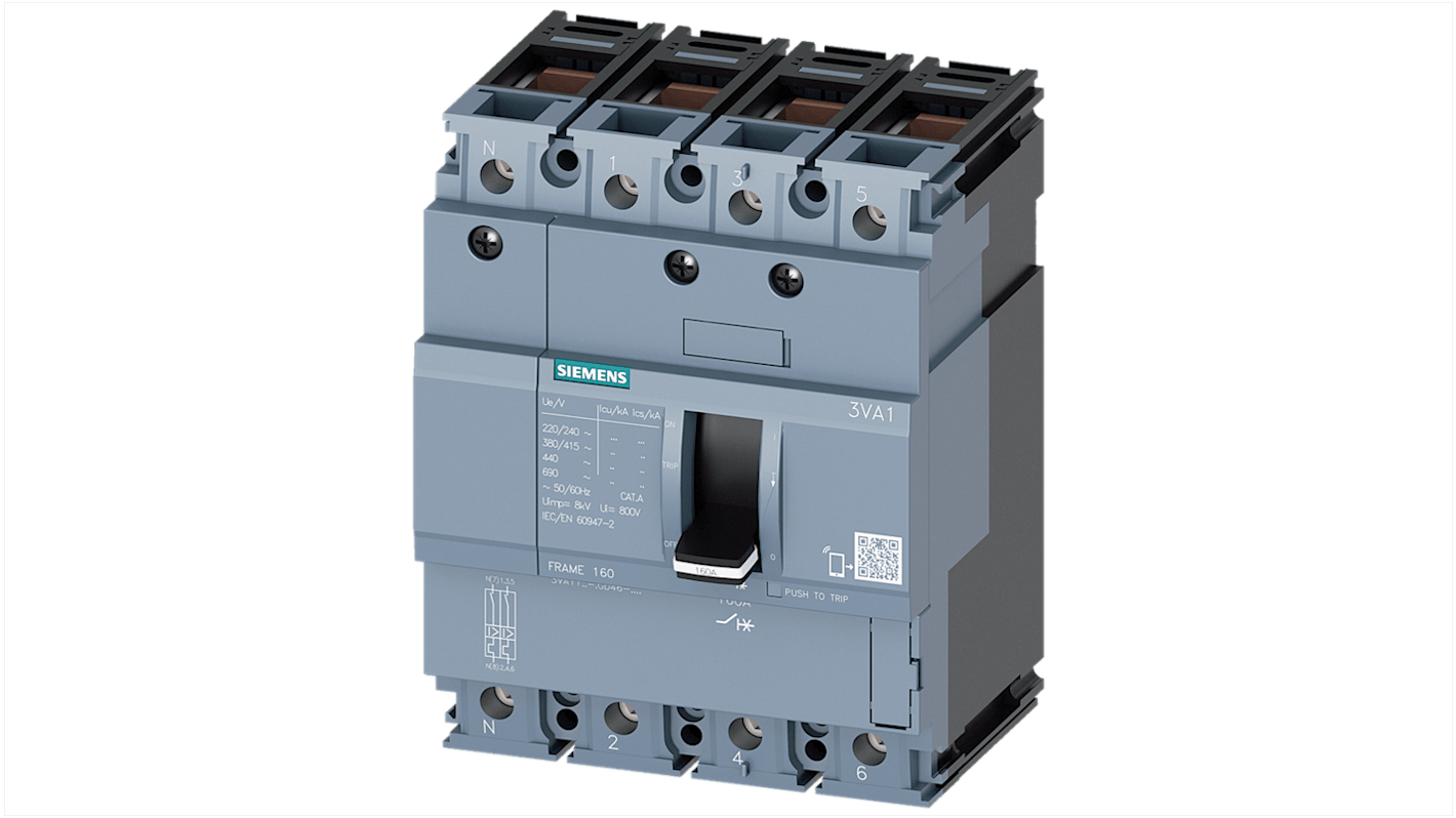 Interruttore automatico Siemens 3VA1163-3GD46-0AA0, 4 poli, 63A, montaggio su guida DIN, potere di interruzione 25 kA, classe di protezione IP40.
