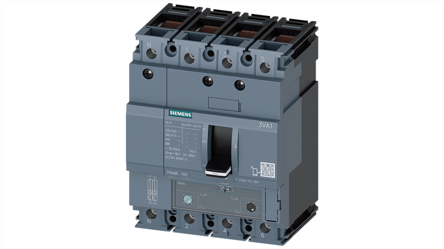 Interruttore automatico Siemens 3VA1180-3GF46-0AA0 MCCB 4 poli 80A 25 kA IP40. Protezione linea per applicazioni industriali. Conforme CE ed EAC.