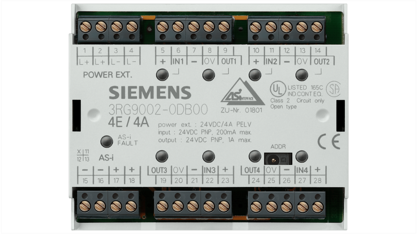 Modulo I/O Siemens 3RG90040DB00, 4 ingressi e 4 uscite, alimentazione 26,5-31,6 V, larghezza 90 mm, classe di protezione IP20.