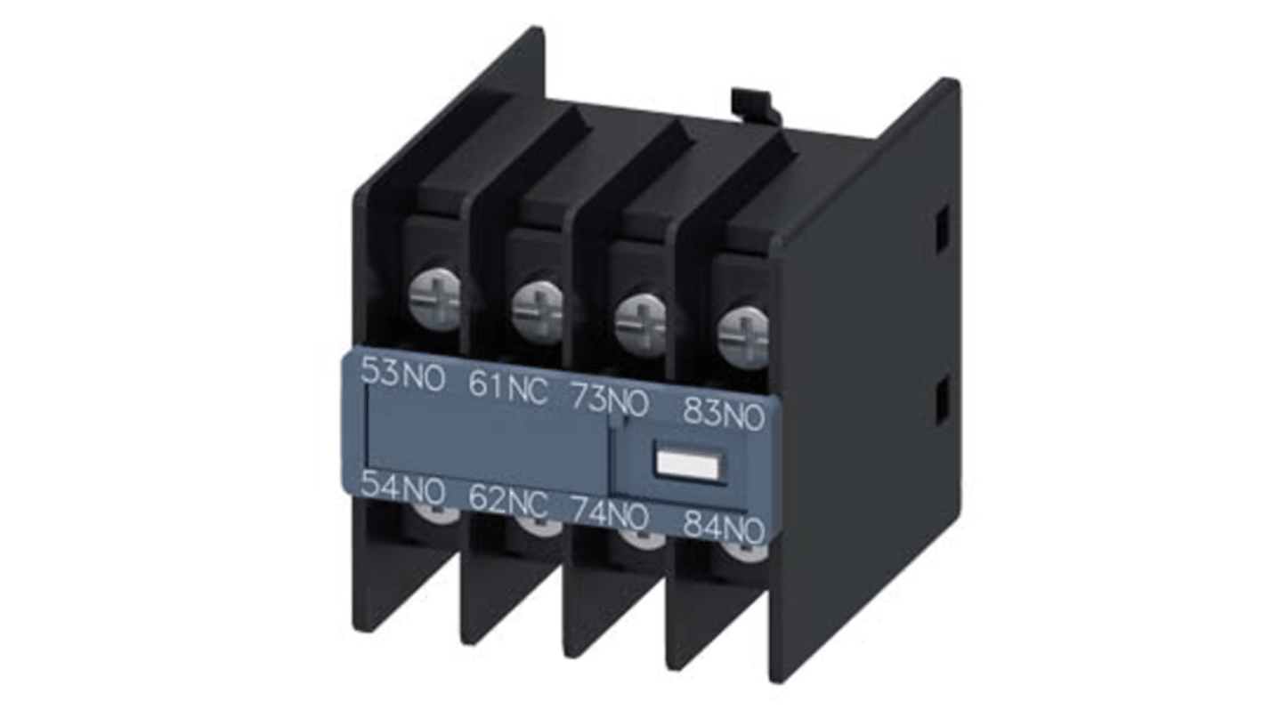 Blocco interruttore ausiliario Siemens 3RH29114GA31, 4 contatti (3 NA + 1 NC), montaggio a innesto, compatibile con relè e contattori.