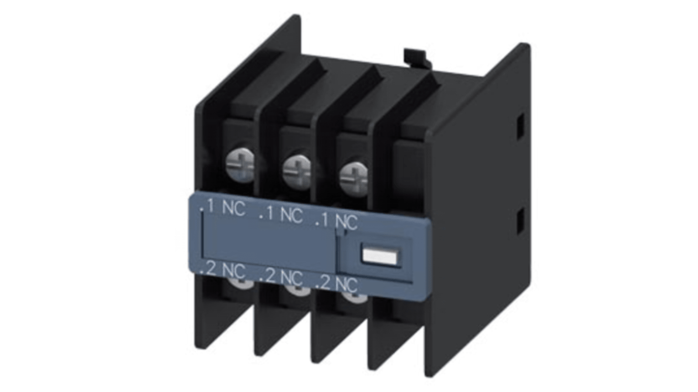 Blocco interruttore ausiliario Siemens 3RH29114HA03, 3 contatti NC, montaggio a innesto, compatibile con relè e contattori.