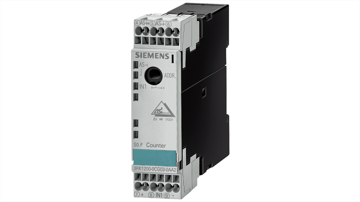 Modulo I/O Siemens 3RK12000CG030AA2, contatore DI, dimensioni 103 x 22,5 x 86 mm, classe di protezione IP20.