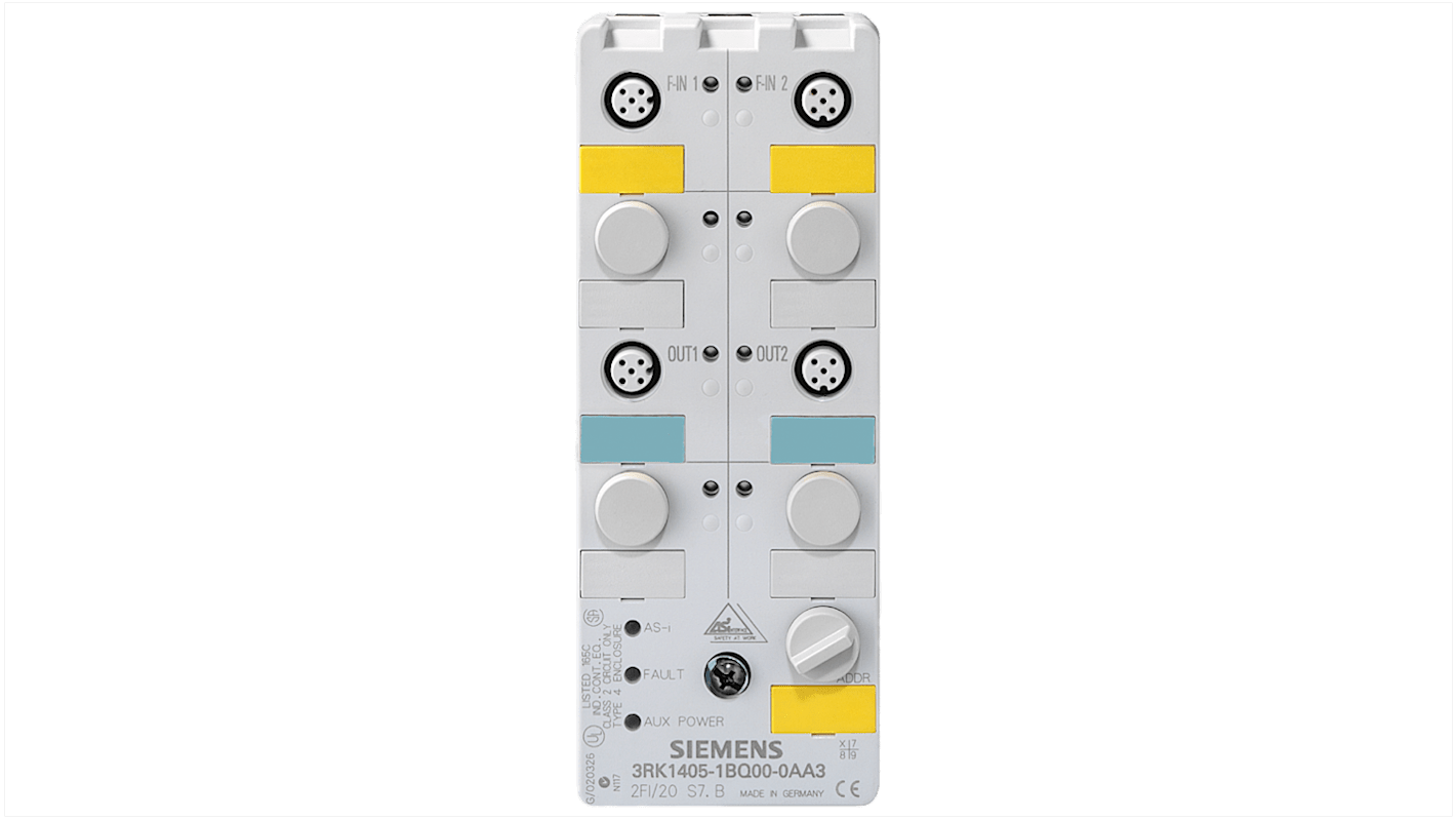 Modulo I/O digitale Siemens 3RK14051BQ000AA3, IP67, 2 ingressi e 2 uscite, alimentazione 26,5-31,5 V, connettore femmina.