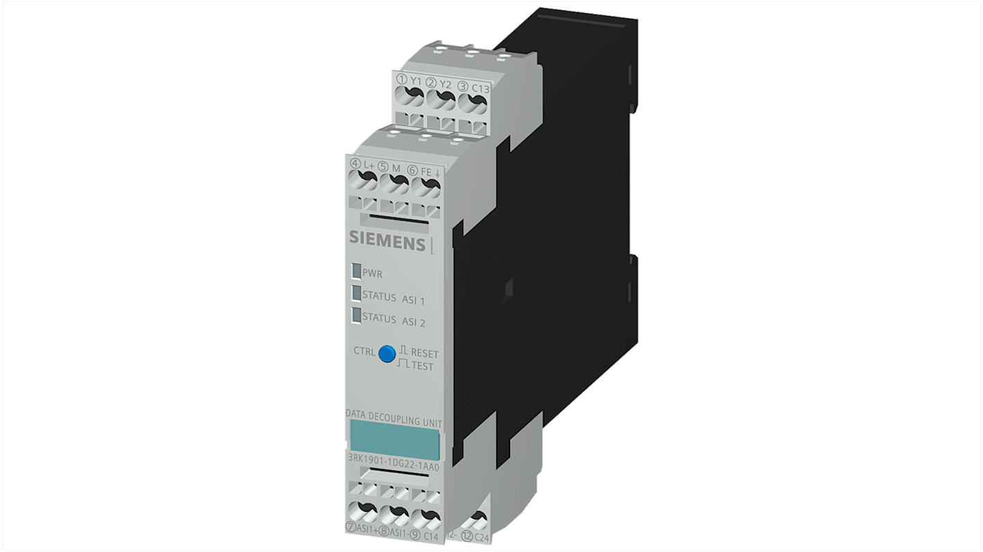 Modulo di interfaccia Siemens 3RK19011DG221AA0, serie 3RK1, per armadietto di controllo, dimensioni 104,9 x 22,5 x 121,2 mm.