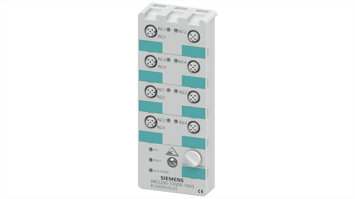 Modulo I/O digitale Siemens 3RK22001DQ001AA3, IP67, morsetti M12, dimensioni 108 x 20 x 45 mm, progettato per uso industriale.