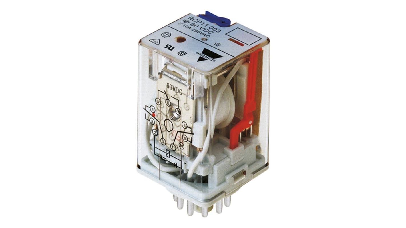 Relè di potenza Carlo Gavazzi 3PDT, bobina 12V, corrente 10A, grado di protezione IP40, dotato di LED e pulsante.