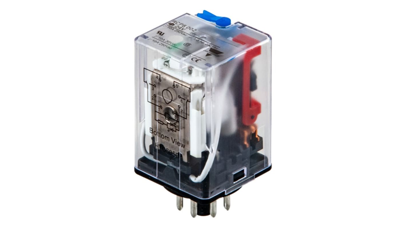 Relè di potenza Carlo Gavazzi DPDT, 230V AC, 10A, con LED e connettori femmina, grado di protezione IP40.