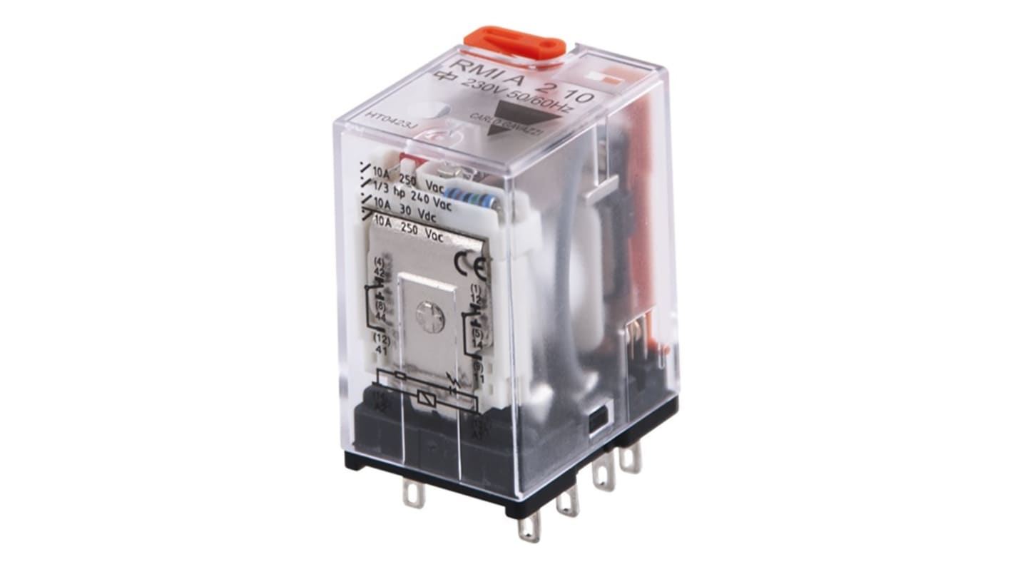 Relè di potenza Carlo Gavazzi RMIA21048VAC, DPDT, 48V ca, 10A, montaggio A innesto, dotato di LED e pulsante.