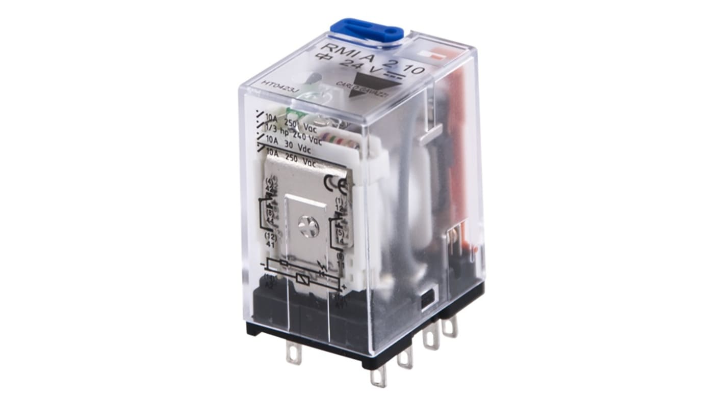 Relè di potenza Carlo Gavazzi RMIA4512VDC, 4PDT, 12V cc, montaggio A innesto, corrente 5A, dotato di LED e pulsante.
