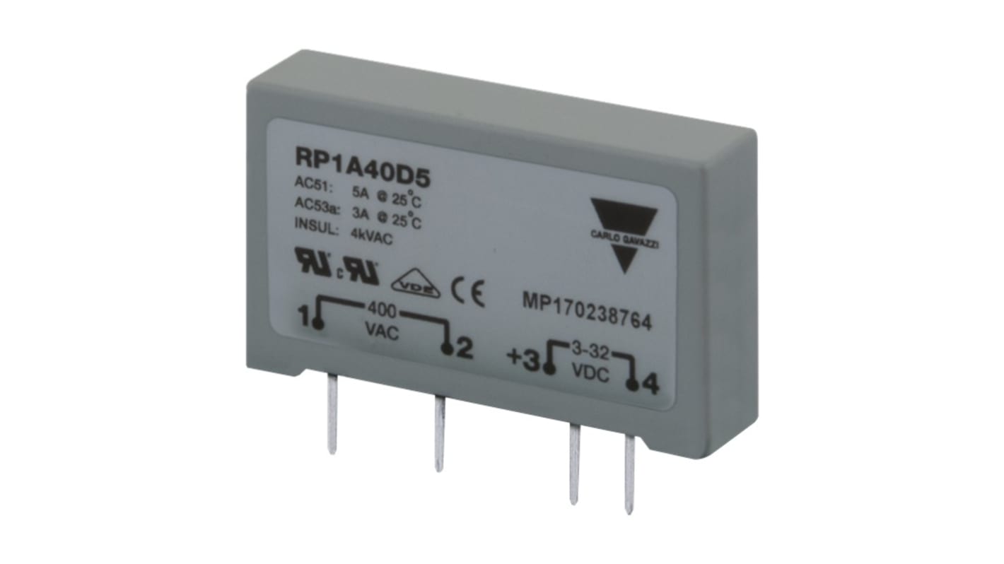 Relè a stato solido Carlo Gavazzi RP1B40D3 per montaggio su PCB, 3 A, 400 V CA, progettato per carichi resistivi e induttivi.