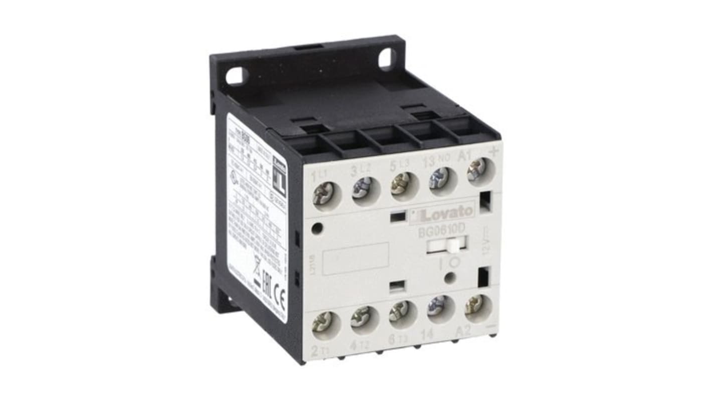 Contattore Lovato 11BG0610D048, 3 poli, 6 A, 48 V c.c., montaggio su guida DIN, protezione IP20.