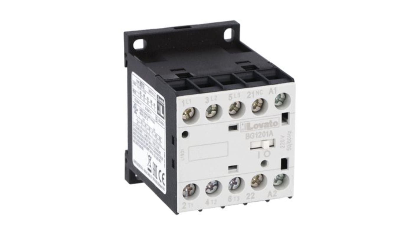 Contattore Lovato 11BG1201A400, 3 poli, 12 A, 5,5 kW, montaggio su guida DIN, protezione IP20, conforme a IEC.