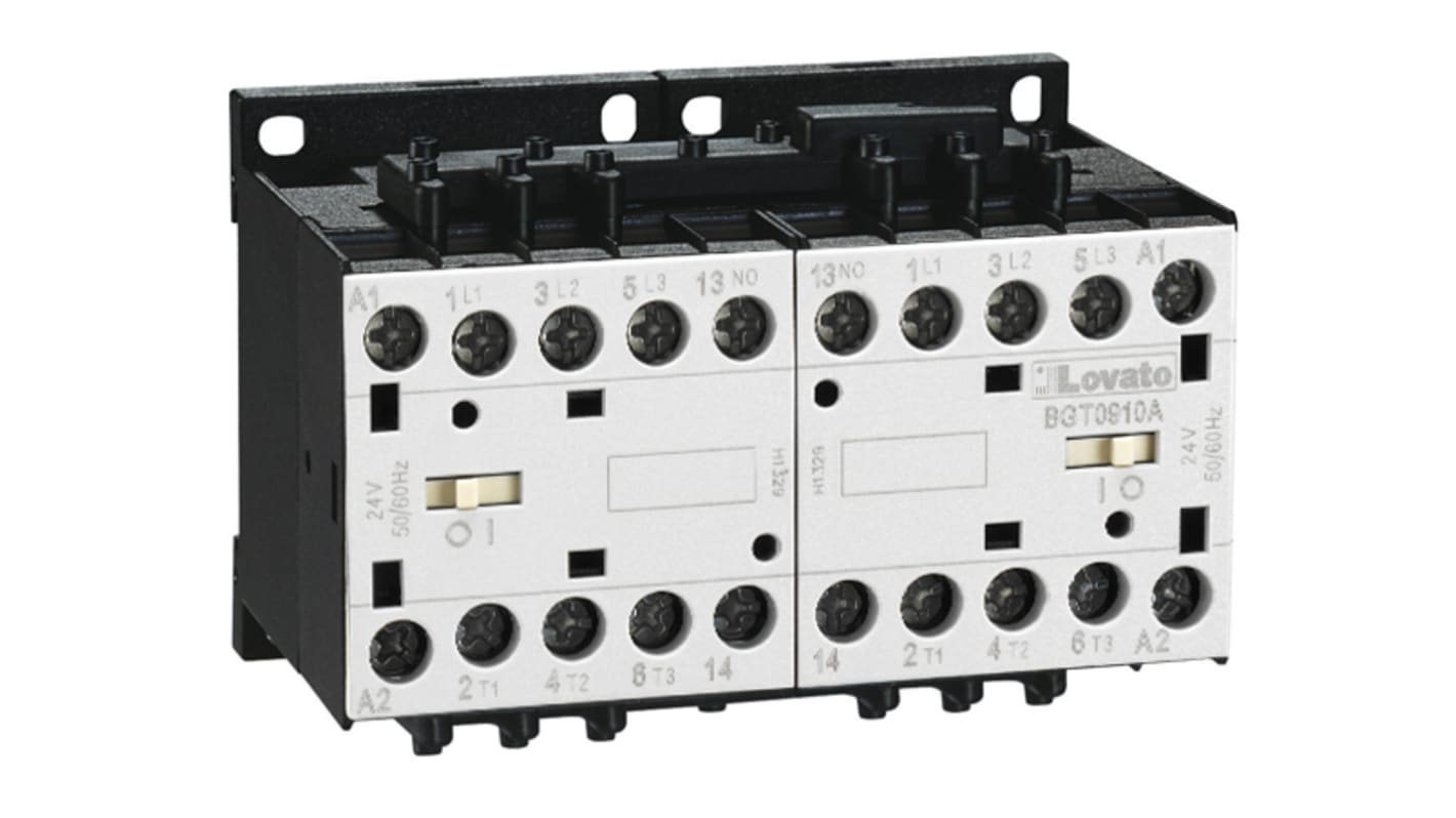 Teleinvertore Lovato 11BGT1210A024, contattore reversibile 12 A, tensione bobina 24 V c.a., potenza 5,7 kW, interblocco integrato.