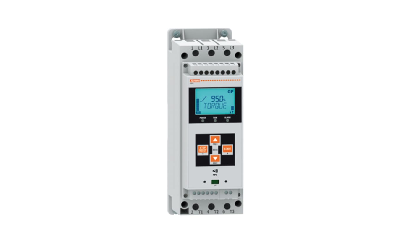 Starter stella-triangolo Lovato ADXL0018600 per motori trifase, potenza 15 hp, tensione 600 V, corrente 18 A, con soft start e display LCD.