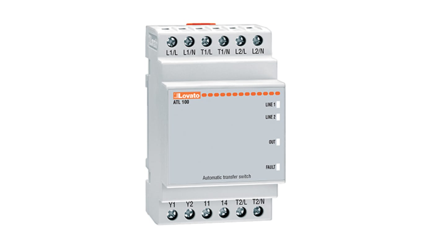 Controller Lovato ATL100 per trasferimento automatico, 3 uscite relè, montaggio su guida DIN, tensione 80-300 V c.a.