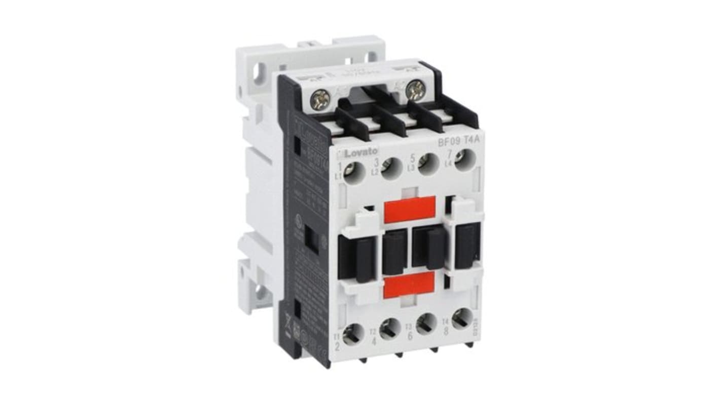 Contattore Lovato BF09T4A048, 4 poli, 25 A, 48 V c.a., montaggio su guida DIN, protezione IP20.