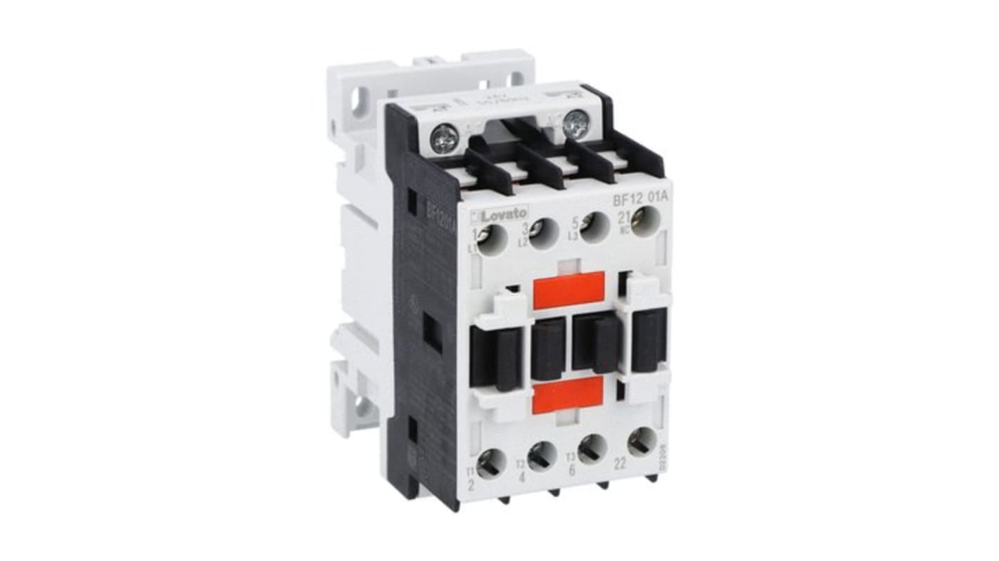 Contattore Lovato BF1201A048, 3 poli, 12 A, 5,5 kW, tensione 48 V c.a., montaggio su guida DIN, protezione IP20.