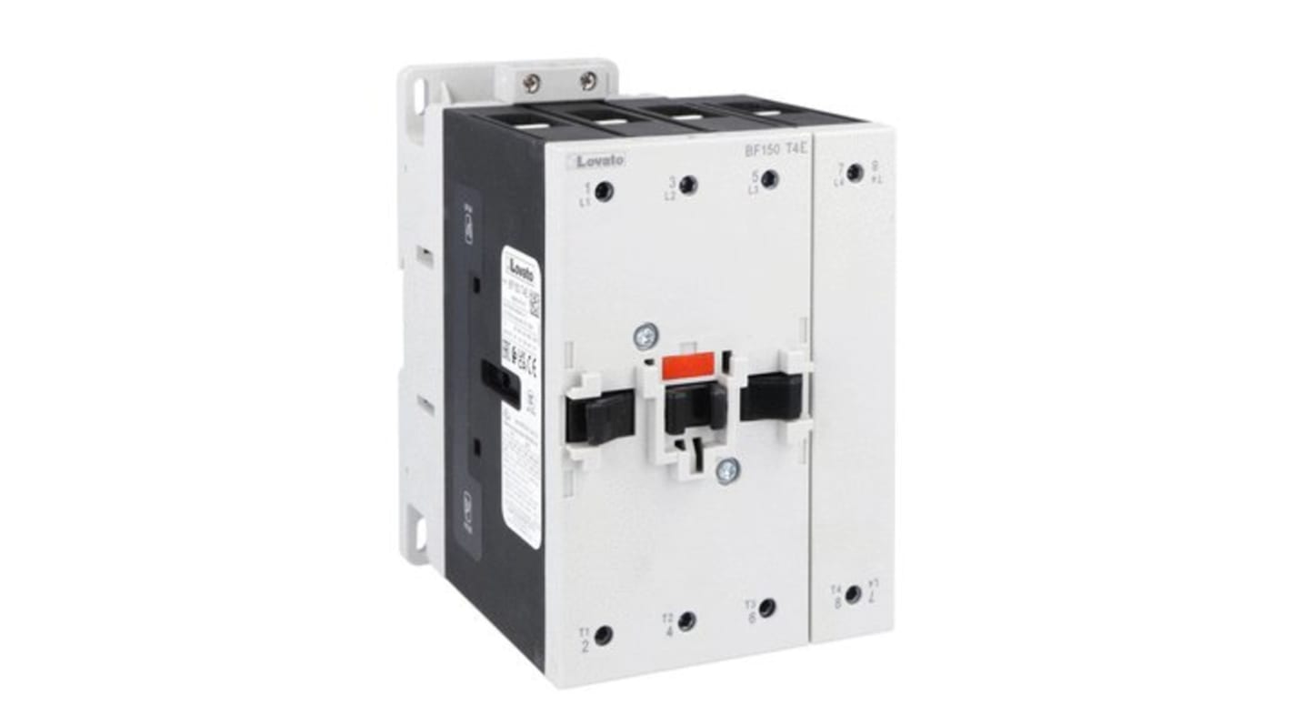 Contattore Lovato BF150T4E024, 4 poli, 160 A, 24 V, montaggio su guida DIN, protezione IP20, durata meccanica 15 milioni di cicli.