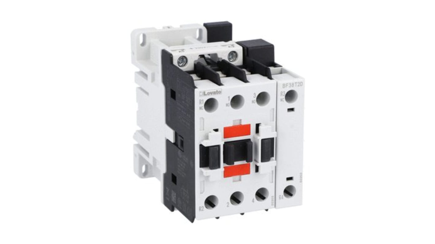 Contattore Lovato BF38T2D024 a 4 poli, 56 A, 24 V c.c., montaggio su guida DIN, protezione IP20.
