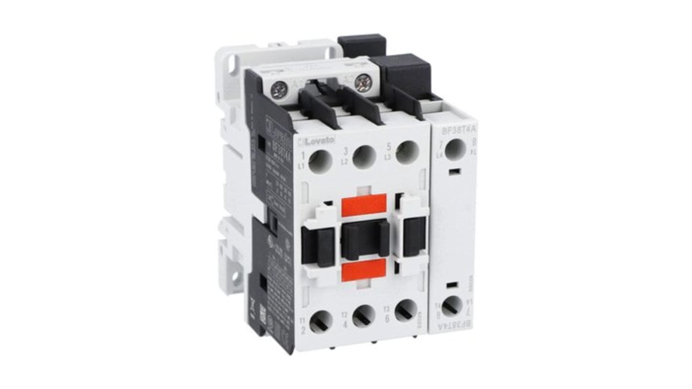 Contattore Lovato BF38T4A048 a 4 poli, 56 A, 48 V c.a., montaggio su guida DIN, protezione IP20.
