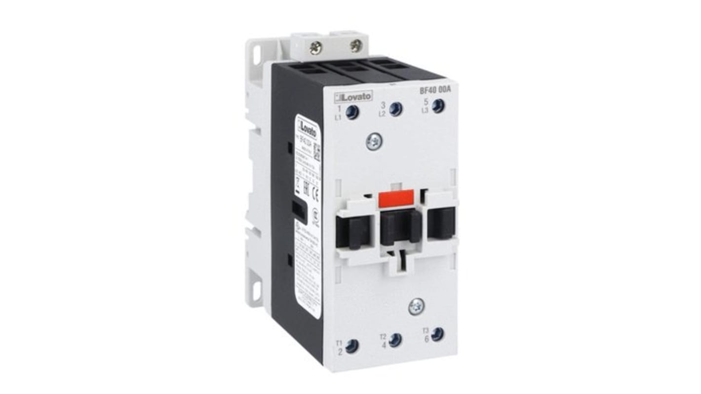 Contattore Lovato BF4000A048, 3 poli, 40 A, 48 V c.a., montaggio su guida DIN, protezione IP20, durata elettrica 1.500.000 cicli.