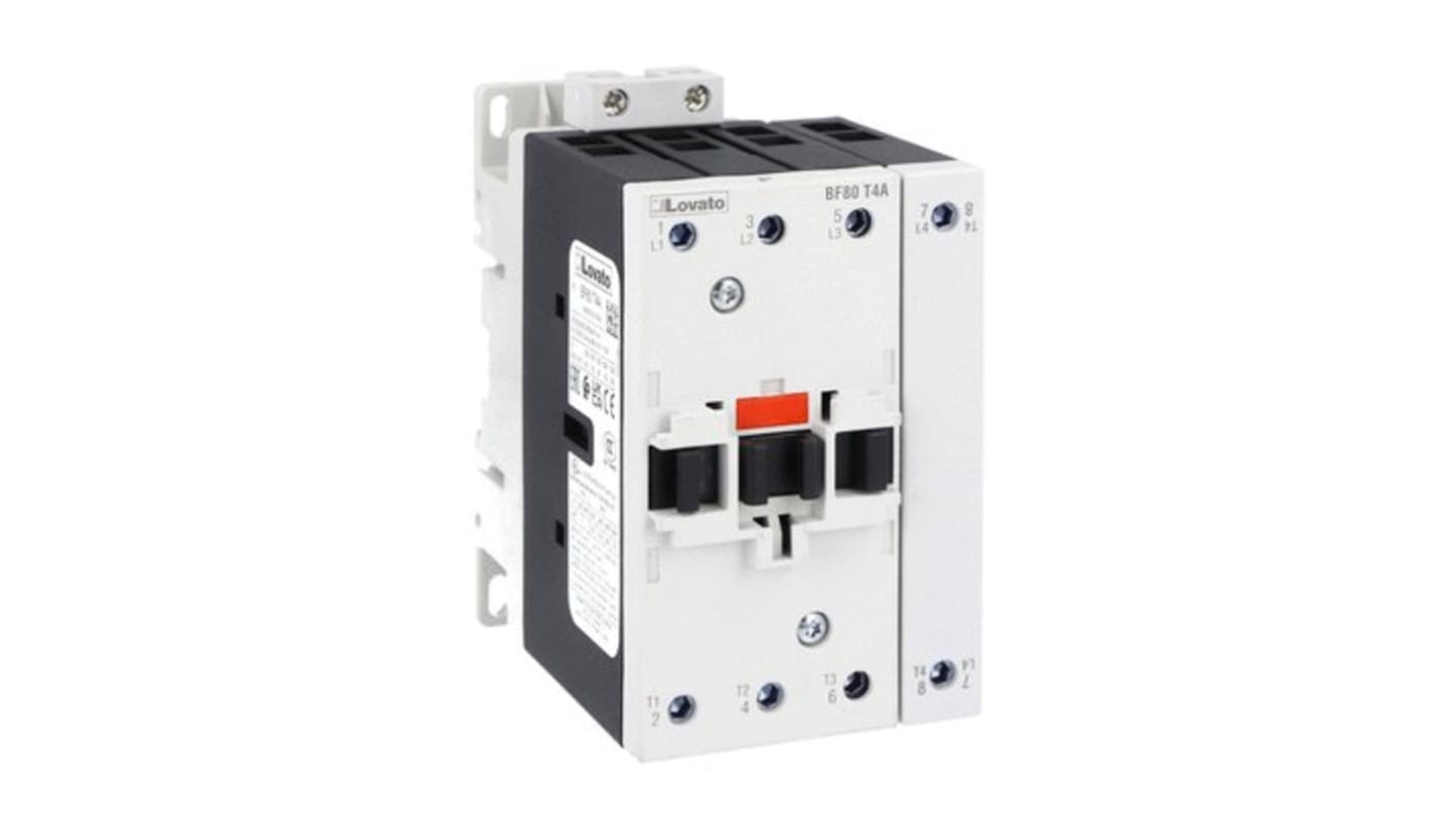 Contattore Lovato BF80T4E024, 4 poli, 115 A, 24 V, montaggio su guida DIN, protezione IP20, compatibile EMC.