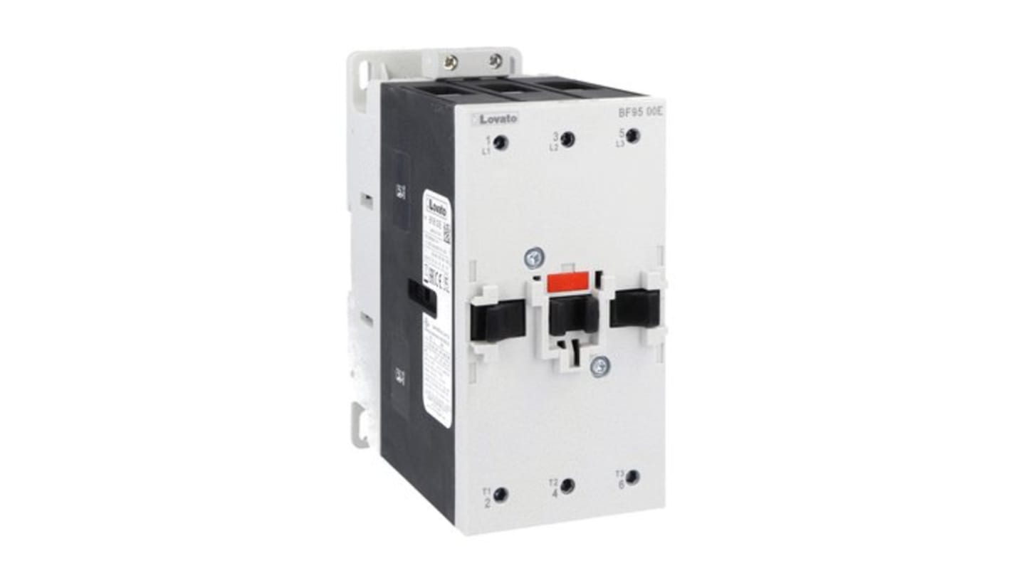 Contattore Lovato BF9500E230, 3 poli, 95 A, montaggio su guida DIN, tensione 100-250 V, protezione IP20.
