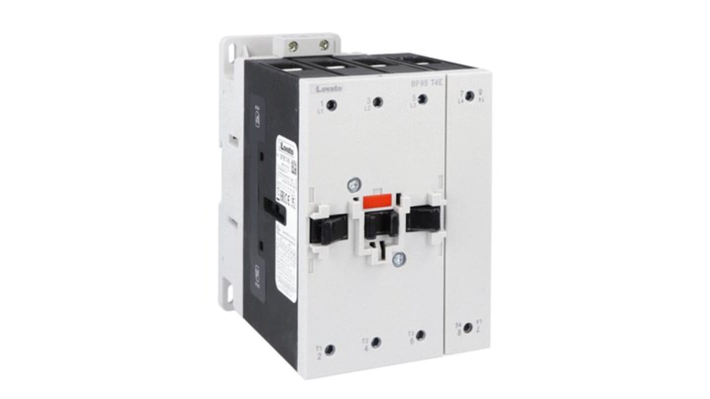 Contattore Lovato BF95T4E024, 4 poli, 140 A, 24 V, montaggio su guida DIN, protezione IP20, durata elettrica 1.400.000 cicli.